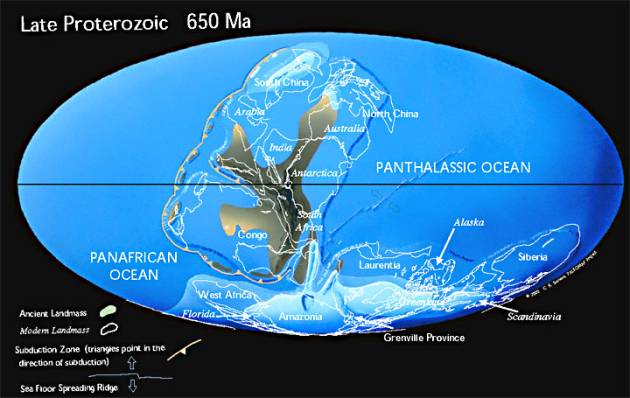 Map of Supercontinent Rodia 100 million years after breakup.