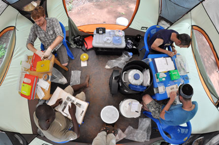 a team of researchers prep and study specimens from their tent in Ghana