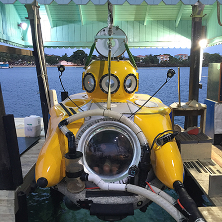 a yellow submersible on a dock over the water