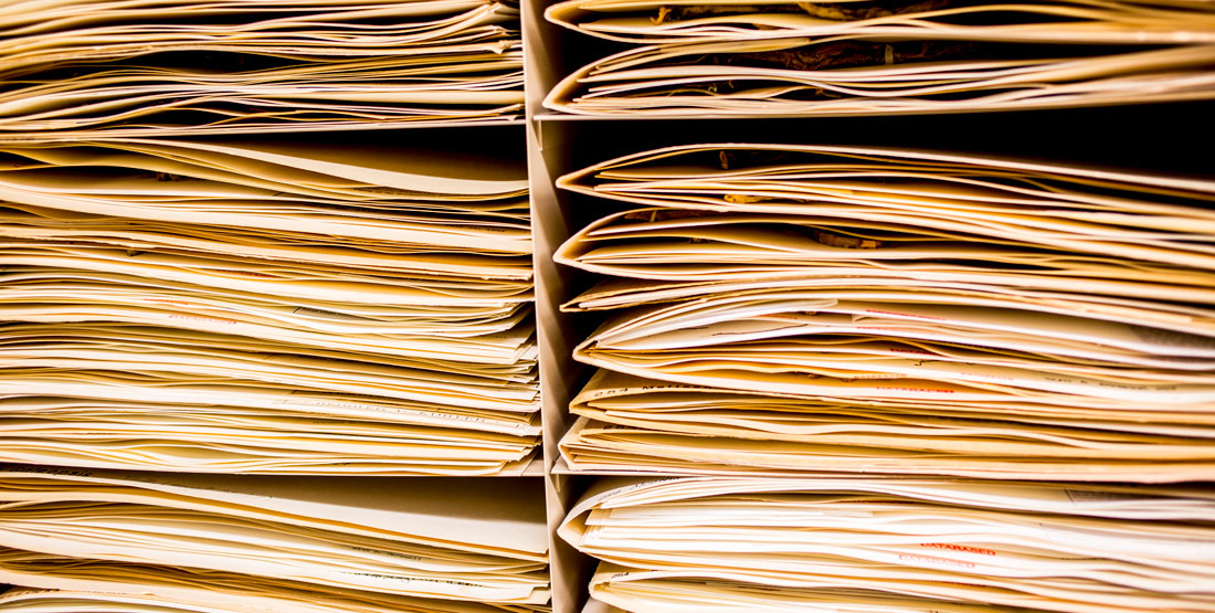 herbarium sheets of paper stacked into folders in the collection
