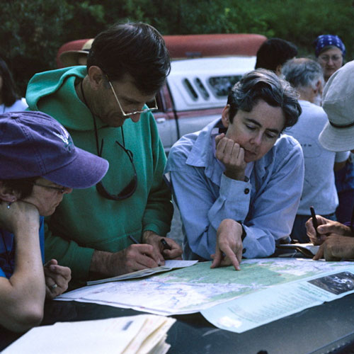 a group of four people plan their day with a map