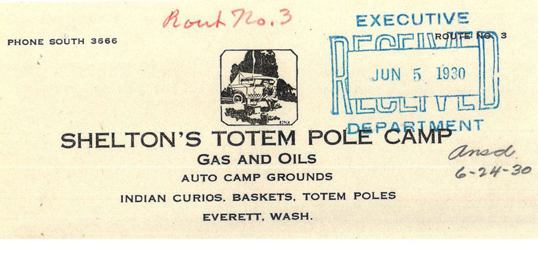 A scan of a 1930s business card advertising Sheltons Totem Pole Camp, Indian curios, baskets and totem poles