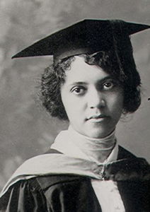 black and white photo portrait of alice augusta ball wearing a graduation cap and gown