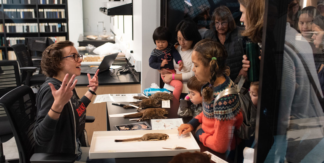 a staff member talks to visitors through an open door with a table of squirrel specimens between then