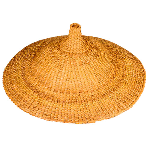 A yellow woven hat with a pointed crown