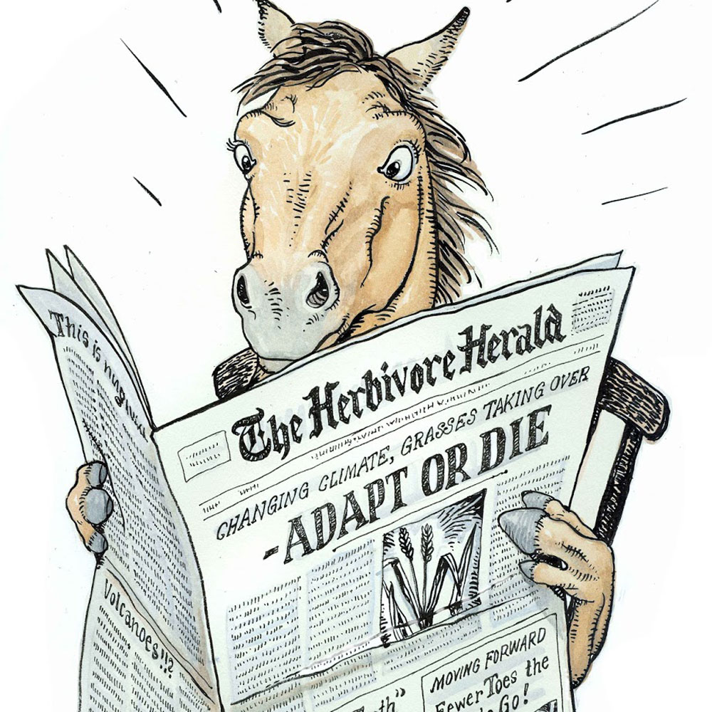A cartoon sketch of a horse holding a newspaper that says Adapt or Die