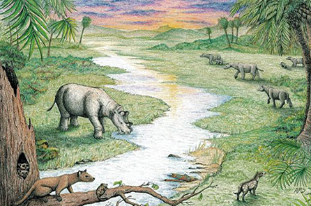 An illustration of a lush green habitat with a river and animals drinking from the river