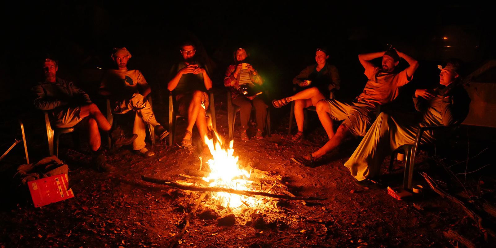 The group sitting around a campfire at night
