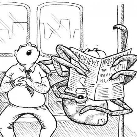 a comic showing a spider sitting on a subway train holding a newspaper with a man sleeping next to him