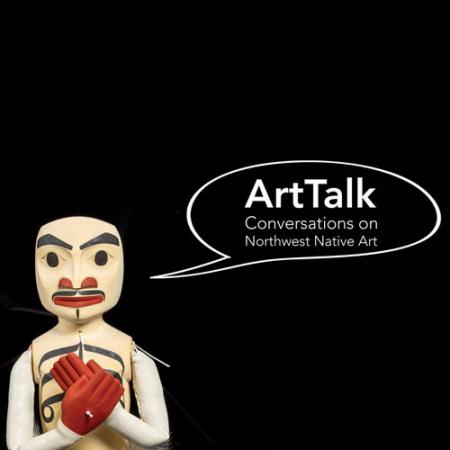 puppet with word bubble "Art Talk"