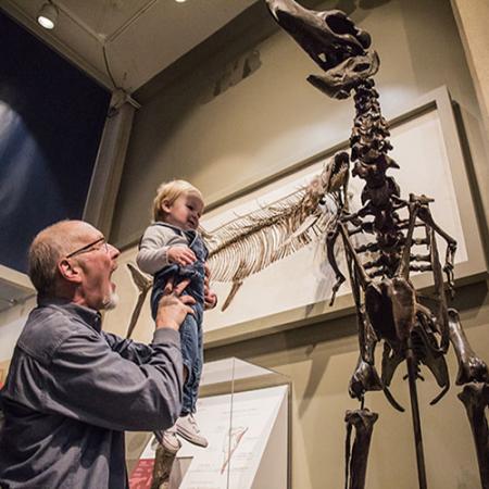 A grandfather holds up his grandson to see the terror bird up close