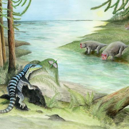 illustration showing the newly-discovered species hunting along a river