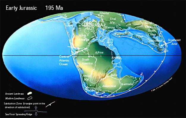 Map of Pangaea 195 million years ago.