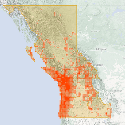 A map of Oregon, Washington, Idaho, British Columbia, and southern Alaska is filled with red dots that congregate in various regions.