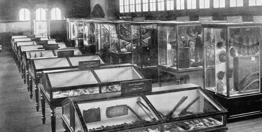 black and white photograph California Building exhibit cases 1910