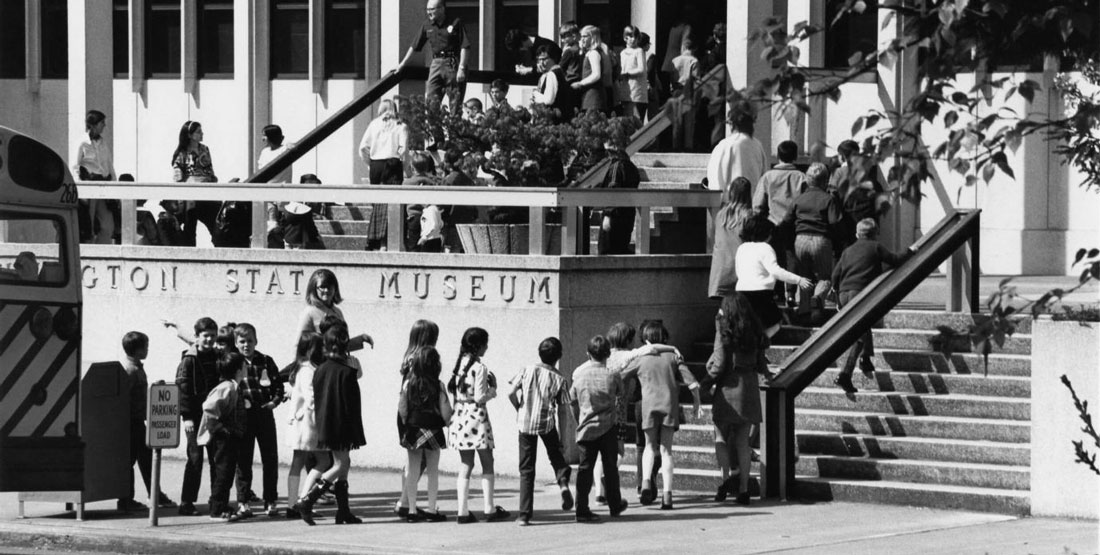 black and white photograph Museum students in Washington State Building 1950