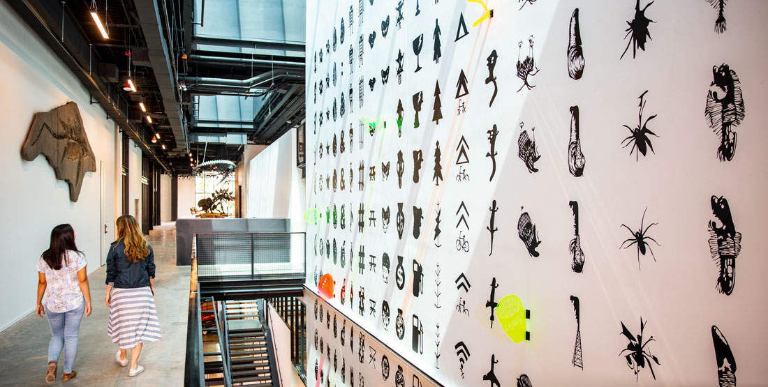 two women walk past a 3-story mural in the new burke museum