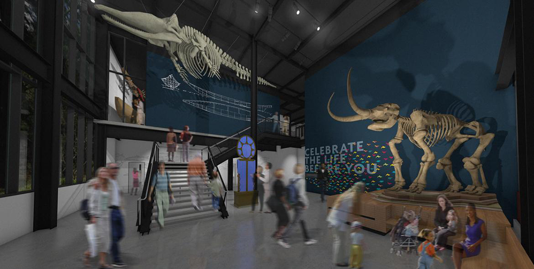 A computer-generated rendering of the lower lobby in the New Burke Museum showing visitors and iconic objects
