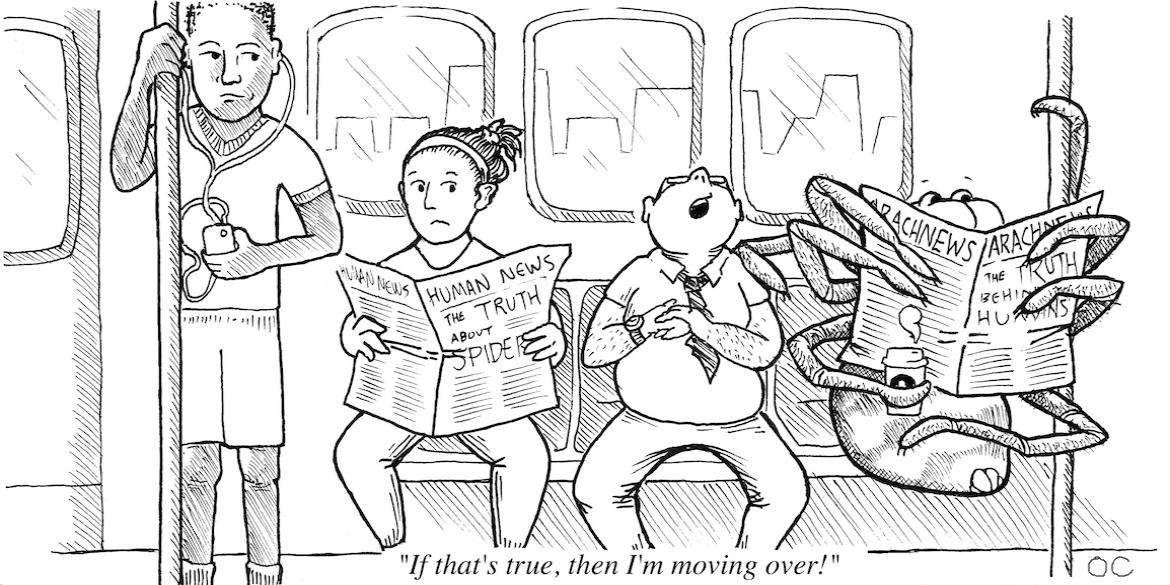 a comic showing three people sitting on a subway with a spider sitting next to them reading a newspaper