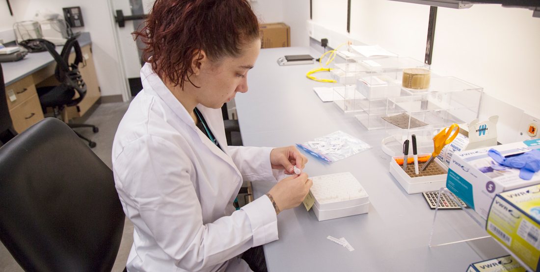 A young woman wearing a lab coat sits at a table and holds a small vial of tissue sample