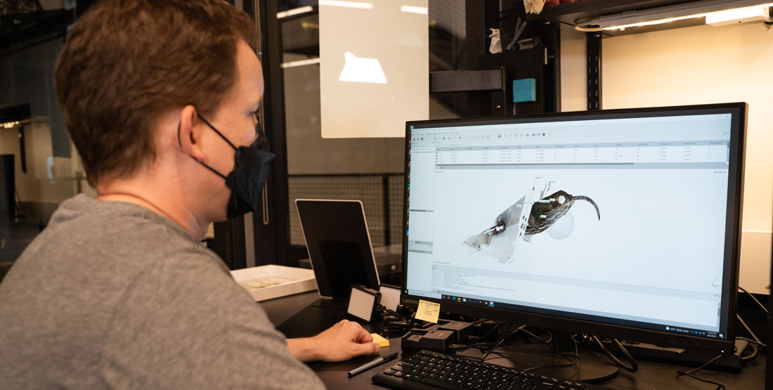 kevin epperly works on a 3d model of a humming bird bill on a computer screen