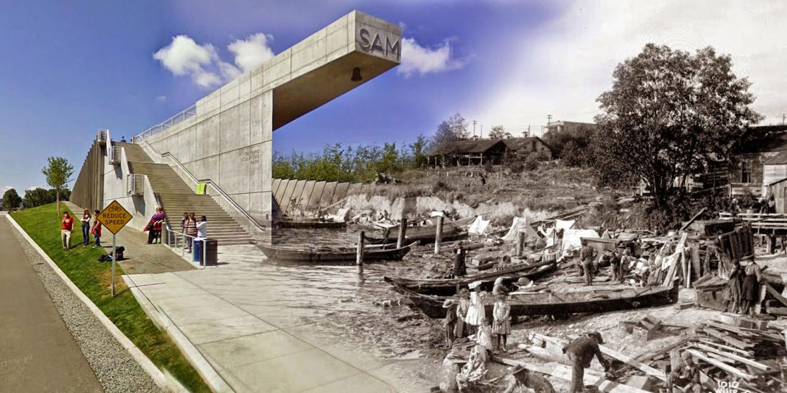 A overlay comparison photo of the SAM Olympic Sculpture Park and an Indian Summer Laborers Camp 