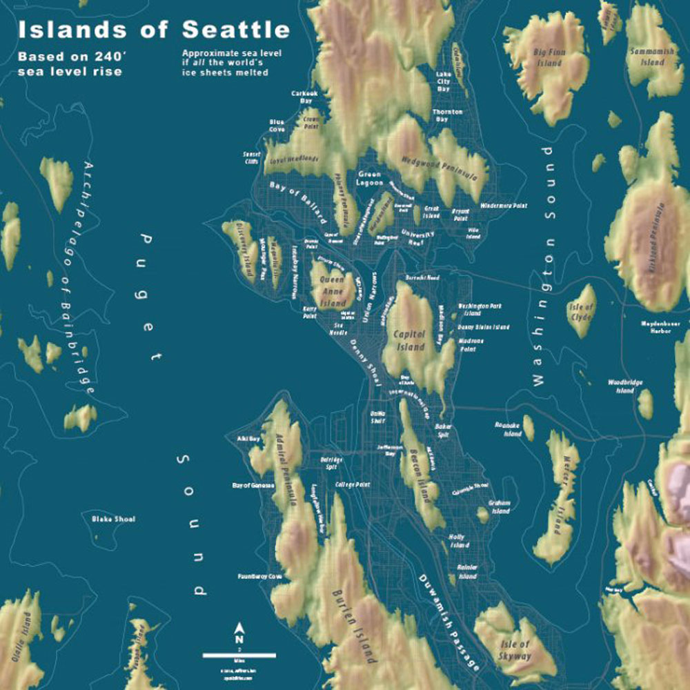 A computer-generated image of the neighborhoods of Seattle as islands surrounded by water