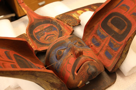 A close up view of the inside of the native art mask that likely inspired the Seahawks logo