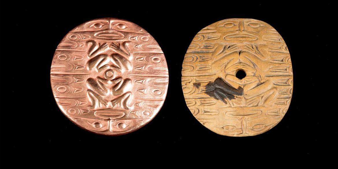 copper spindle whorl on the left and a wooden one on the right