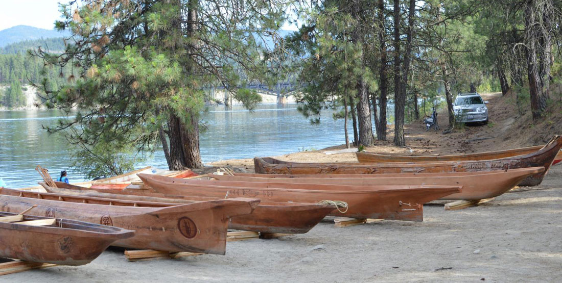A row of canoes sitting on the shore of the river