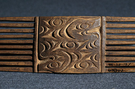 A coast salish art style comb decorated with abstract creatures are shown with heads in the upper right and lower left, body parts distributed without.