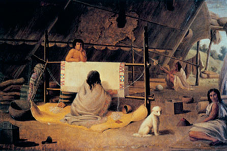 An illustration showing women weaving on a loom alongside a dog