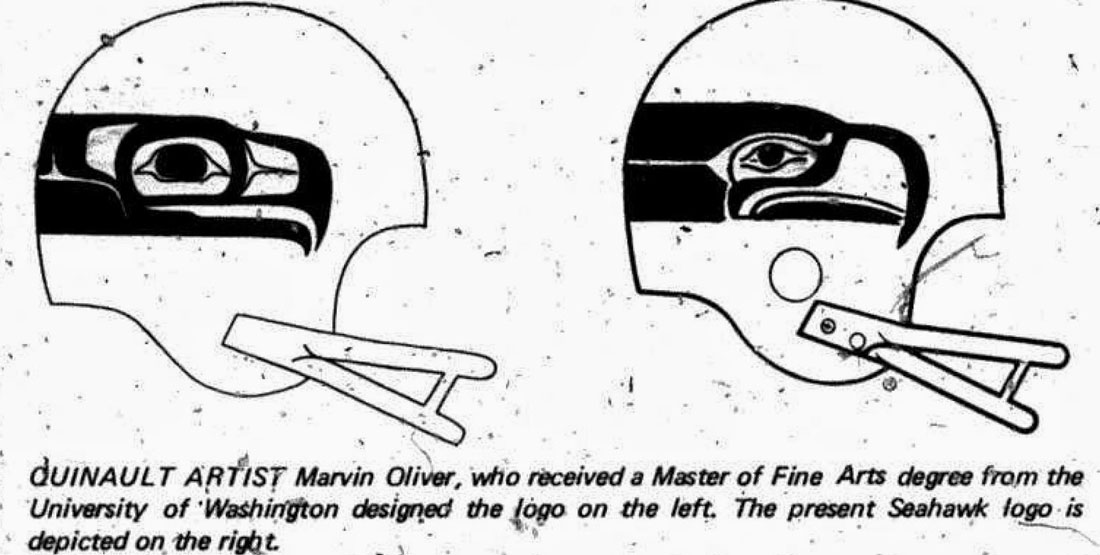 An illustration done by Marvin Oliver showing the Seahawks logo he designed on a football helmet compared to the current logo shown on a helmet
