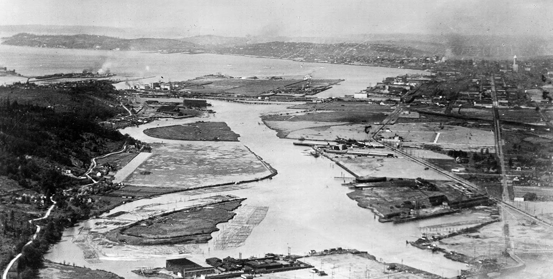 A black and white photo of the Duwamish River 