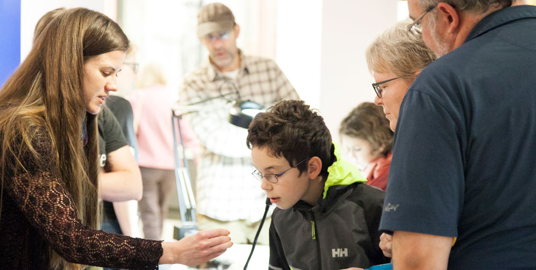 visitors learn about a specimen