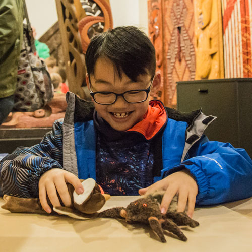 a boy plays with toy spiders