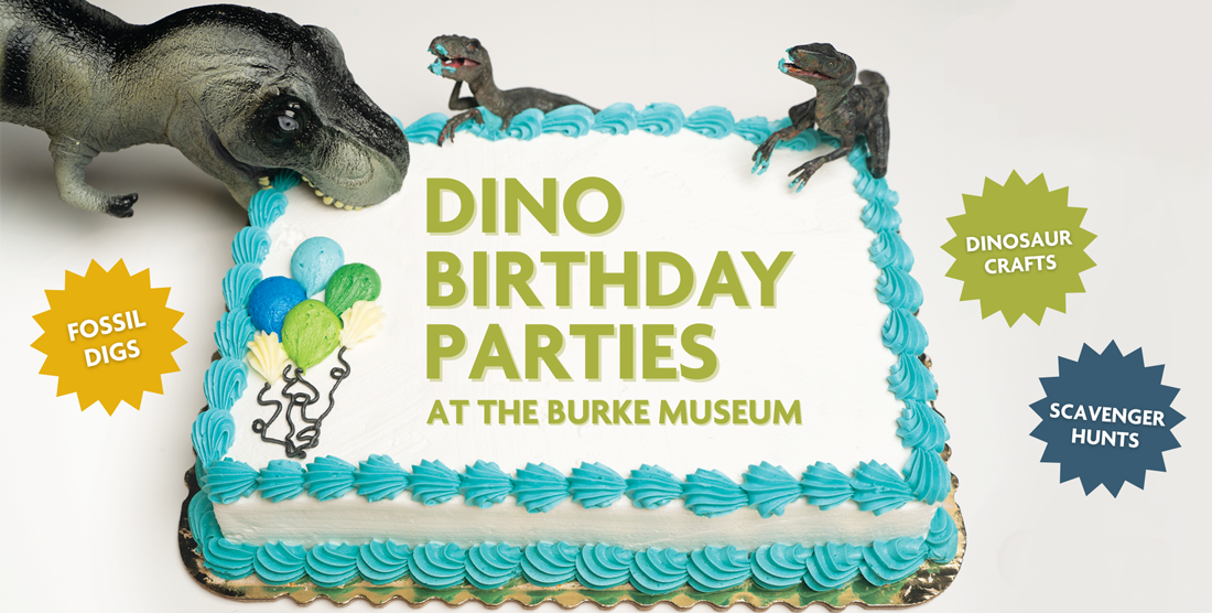 dinosaurs eating a cake with text that reads dino birthday parties at the burke