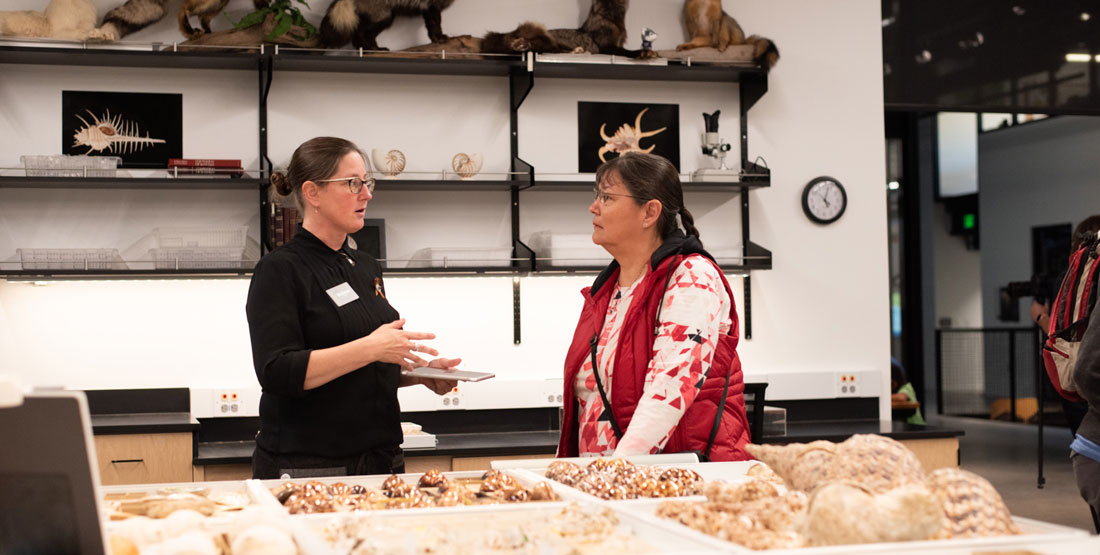 a woman talks with a burke researcher with shells out on the table