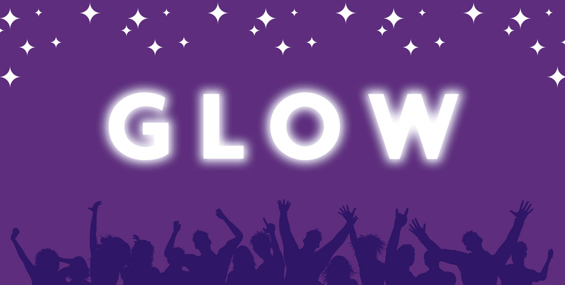 graphic with word "glow" with stars in the sky and silhouettes of people against a purple background