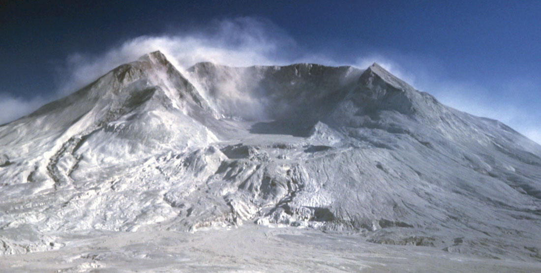 A photo of Mt St Helens with the cone caved in 