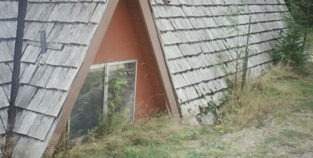 An A-frame cabin covered up to the top windows in ash and grass