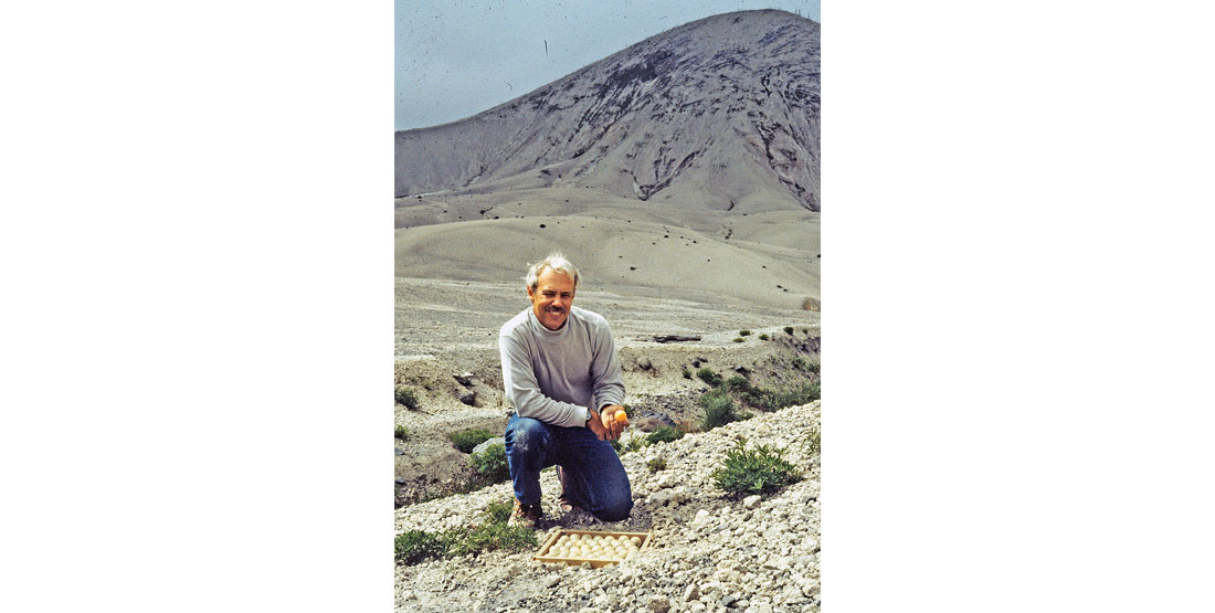 A man kneels in front of an ash-covered mountain slope