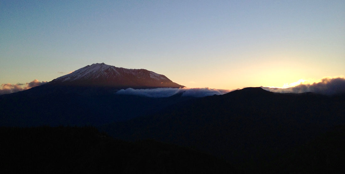 Mount St. Helens as seen from the top of the Bean Creek basin to the northeast at sunset