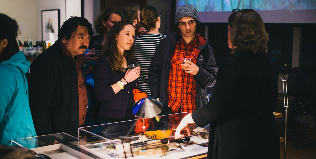 visitors look at specimens