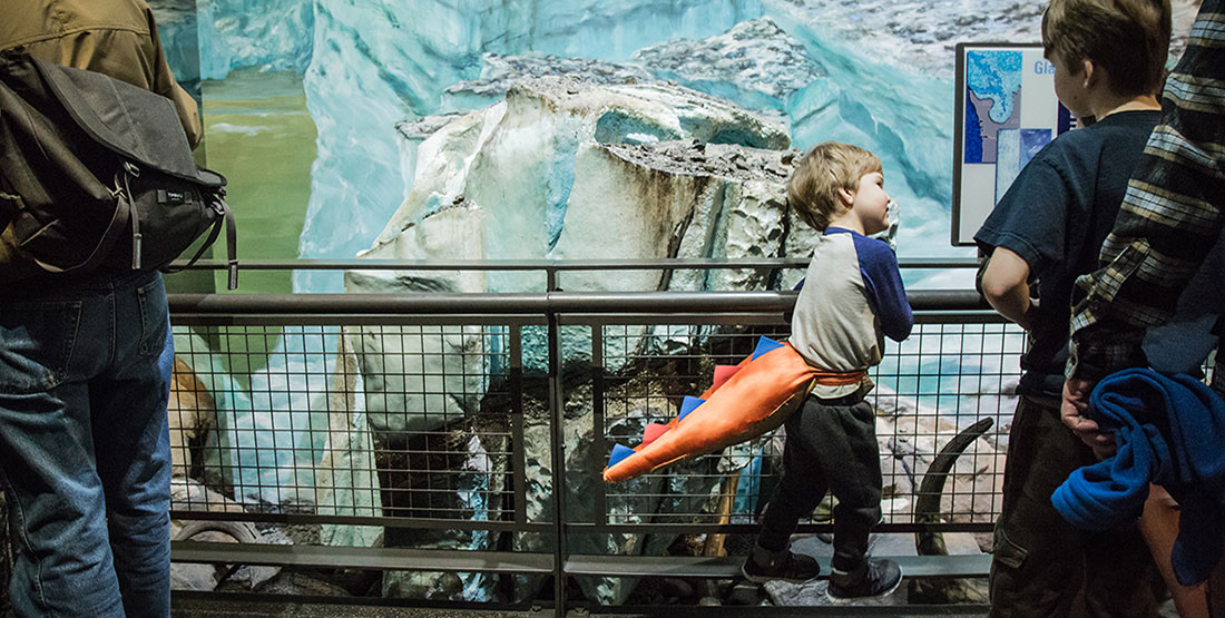 A young visitor wears a dino tail in the Ice Age exhibit.