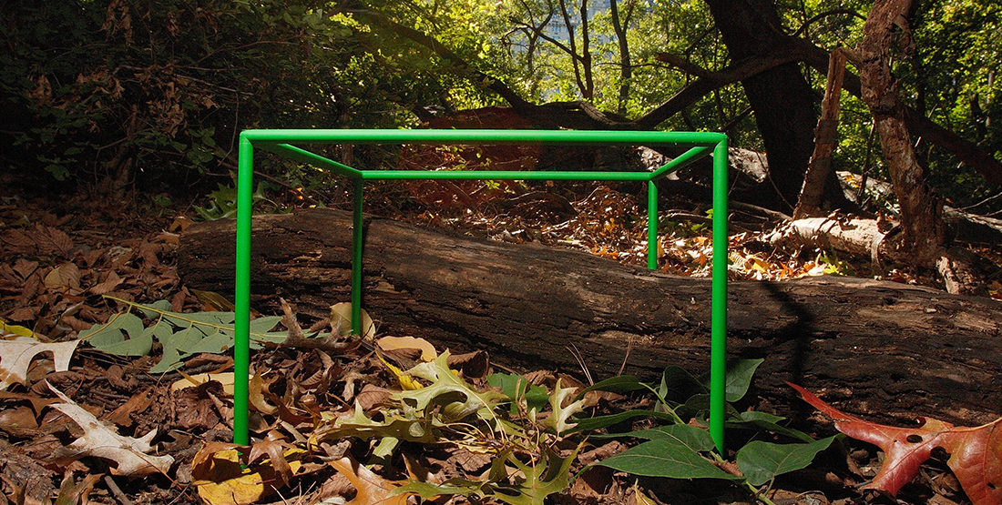 a green biocube sits on a forest floor with leaves and trees