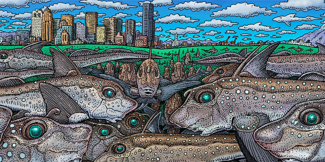 Illustration of ratfish below the Seattle skyline