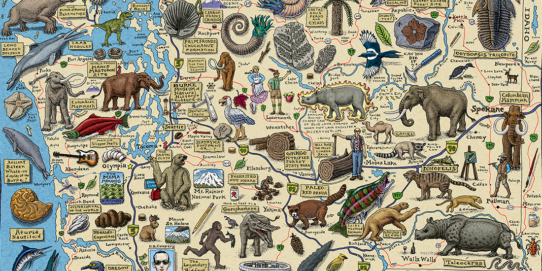 An illustrated map of Washington state with fossil discoveries and landmarks