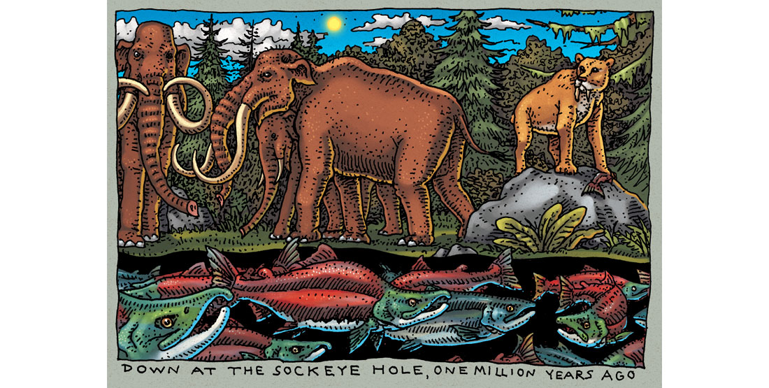 mammoths and a saber tooth cat above a river filled with sockeye salmon
