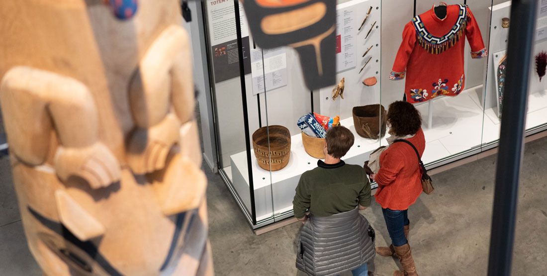 top-down view of the gallery with visitors looking at objects